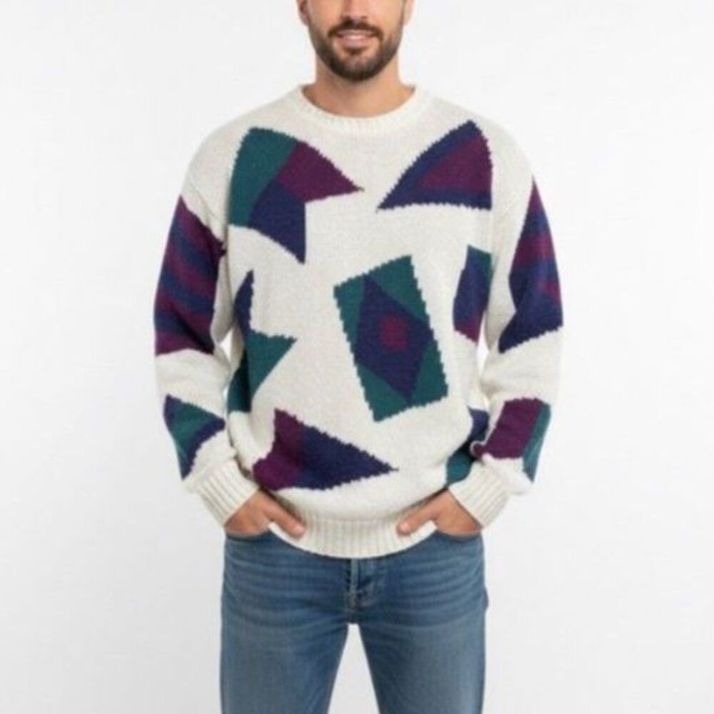 Bachrach Mens Ivory Teal Magenta Geo Print LS VTG 80s-90s Crewneck Sweater Sz XL